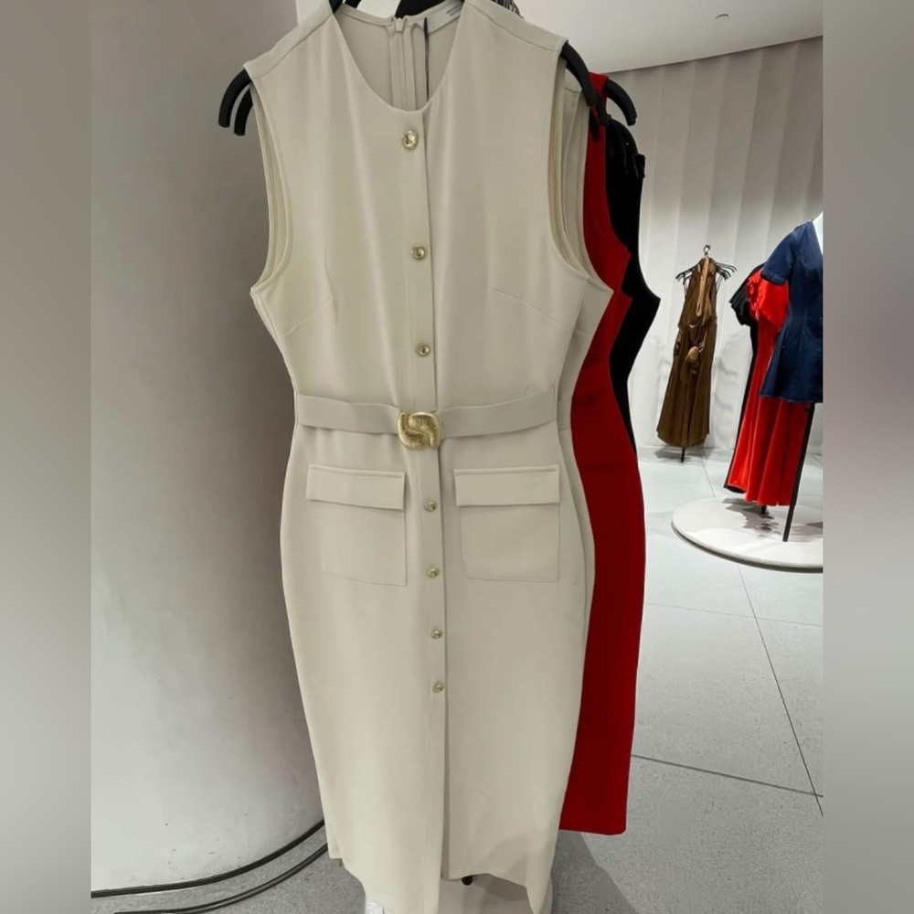 Zara NWT Elegant Cream Sleeveless Belted Midi Dress with Gold Details (Medium) - Picture 8 of 16